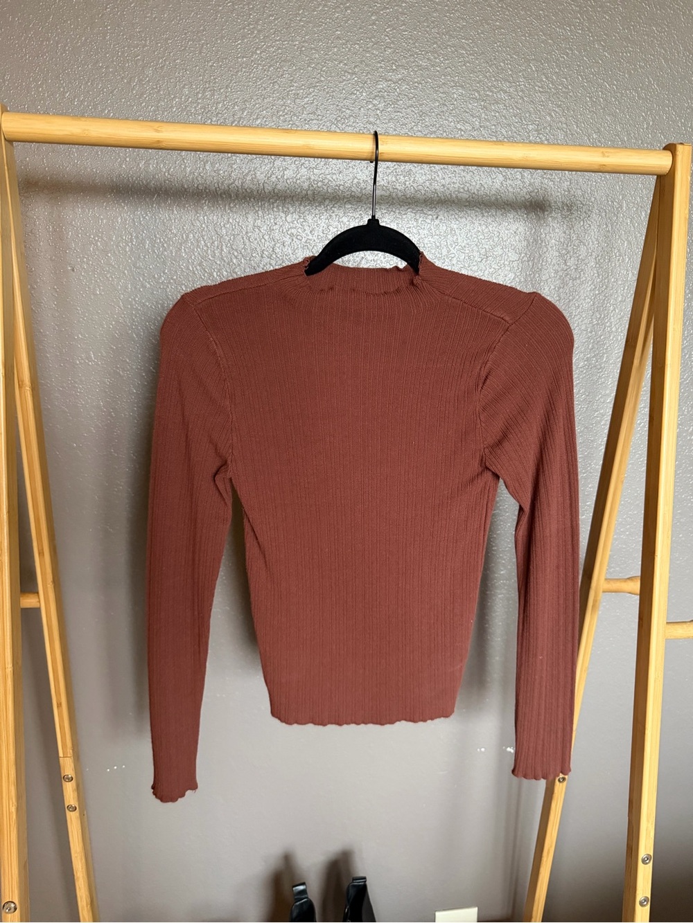 SHEIN Ribbed Mock Neck Long-Sleeve Top - Rust Brown